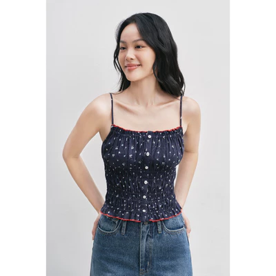 Áo hai dây dáng ôm LIBÉ Ruched Cami Xanh Navy Hoa Nhí Trắng 7834