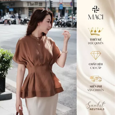 Áo Sơ Mi Dáng Peplum Chiết Eo Cổ Tàu Chất Tơ Hàn Ánh Nhũ MACI MCASMNA0412 Thời Trang Nữ Thiết Kế