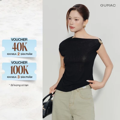 [VOUCHER 22%] Áo Thun Nữ GUMAC Form Slim Cổ Lệch Phối Khoen Kim Loại Tay Ngắn Nhún Eo Tôn Dáng Nữ Tính ATG08066