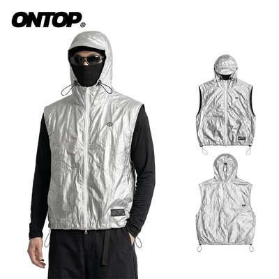 Áo khoác gile có mũ vải dù ONTOP màu xám 2 lớp có túi trong kèm dây rút Nylon Hooded Vest | O-AK16