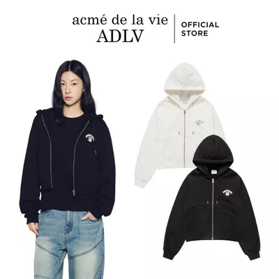 Áo Hoodie Kéo Khóa ADLV Nữ Mini AC Bear dáng Crop màu Đen/Kem - Hàng chính hãng