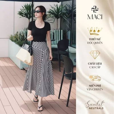 Chân Váy Xoè Midi Phối Kẻ Chất Lụa Hàn 2 Lớp MACI MCVCVKE0402 Thời Trang Nữ Thiết Kế
