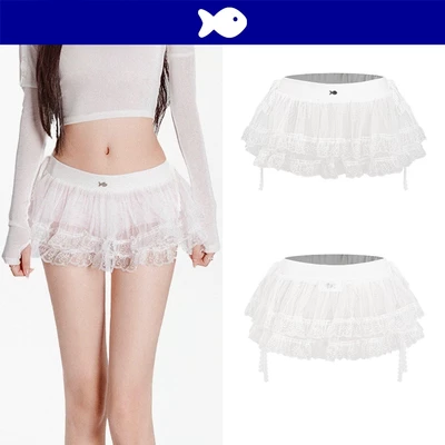 Chân váy xòe tầng dáng ballet xuyên thấu DKMV phối ren thắt nơ 2 bên logo cá inox màu trắng Tulle Ballet Skirt | K-V6-T