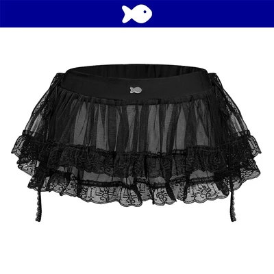 Chân váy ballet xòe tầng xuyên thấu DKMV thiết kế phối ren cột nơ hông màu đen đính logo cá Tulle Ballet Skirt | K-V6-D