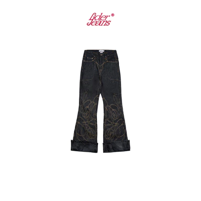 LIDER Jeans | Quần Jeans Ống Loe Unisex Thêu Chỉ Nổi Washed Màu LIDER AGED FOLDOVER FLARE JEANS