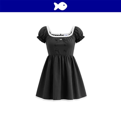 Đầm babydoll kiểu nữ tay bồng DKMV kèm quần bí thiết kế viền ren đính nút bọc vải logo cá màu đen Chord Dress | K-D80-D