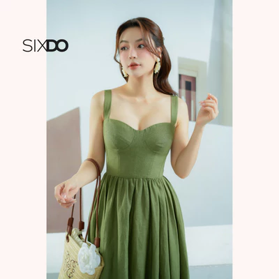 Đầm linen xanh strappy SIXDO (Moss Green Strappy Midi Linen Dress)
