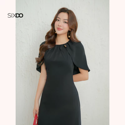 Đầm lụa đen cổ tròn SIXDO (Black Silk Midi Dress)