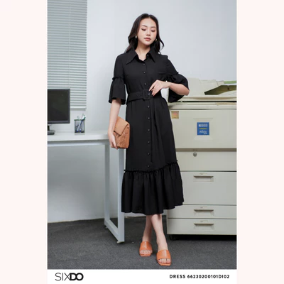 Đầm sơ mi tay bèo kèm thắt lưng thời trang SIXDO (Black Flute Sleeves Midi Woven Dress)