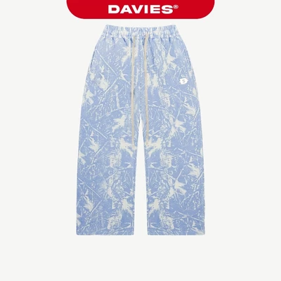 Quần nỉ lót bông dáng dài ống rộng DAVIES lưng chun buộc dây hoạ tiết lá rừng xanh dương Commando Sweatpants | D-Q14-XAD