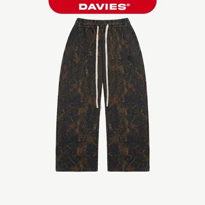 Quần dài ống rộng nỉ bông cạp chun DAVIES cột dây hoạ tiết lá rừng màu đen nâu logo  thêu Commando Sweatpants | D-Q14-DN