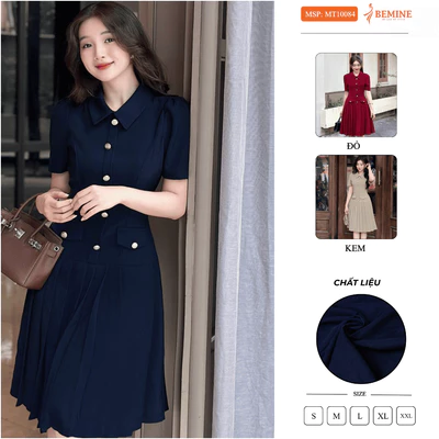 Đầm thiết kế BEMINE cổ đức đính cúc dáng chữ A tùng váy đuôi cá xếp ly phù hợp đi làm, đi tiệc-MT10084