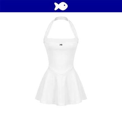Đầm xoè cổ yếm nữ dáng ngắn DKMV đính logo cá inox hoạ tiết viền may điệu đà màu trắng Stellar Dress | K-D59-T