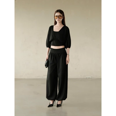 RUBIES Chika Pants - Quần Dài Nữ Vải Thun Nỉ Lưng Thun Ống Rộng Bí