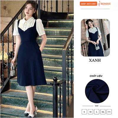 Đầm thiết kế BEMINE cổ đức phối xếp ly giả yếm dáng chữ A phù hợp đi làm, đi chơi-MT10087
