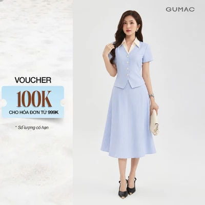 Set lẻ Áo Peplum Nữ GUMAC Form Ôm Cổ Sơ Mi Phối Màu AG10021 - Chân Váy Nữ GUMAC Dáng A Xòe Bản Lưng 2 Lớp Túi  VG10022