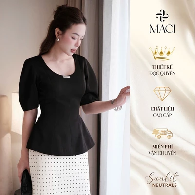 Áo Peplum Cổ Trứng Tay Phồng Chất Tafta Lụa Tag MACI MCAATDE0421 Thời Trang Nữ Thiết Kế Độc Quyền