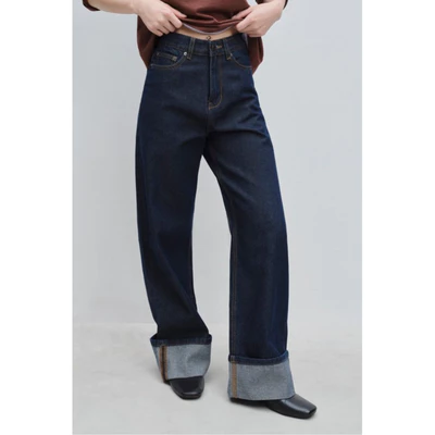 LIBÉ WORKSHOP - Quần jeans suông dài xắn gấu màu xanh dương đậm 7106