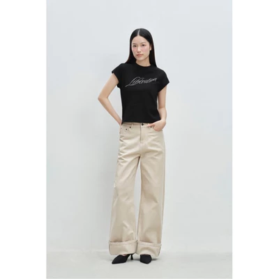 LIBÉ WORKSHOP - Quần jeans suông dài xắn gấu màu trắng kem 7182