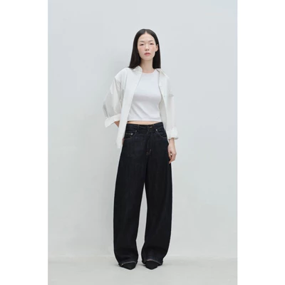 LIBÉ WORKSHOP - Quần jeans ống cong cạp trễ xanh dương đậm 7636