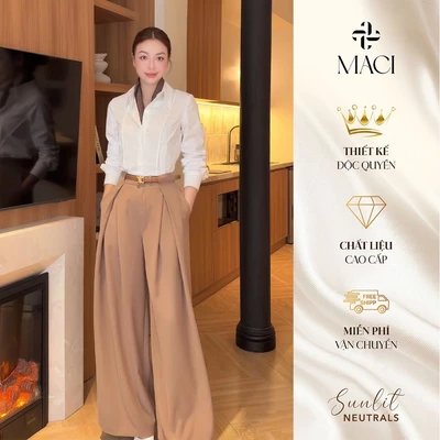 Quần Ống Rộng Bấu Li Đỉa Liền Màu Camel Chất Chéo Hàn MACI MCQQTNA0401 Thời Trang Nữ Thiết Kế