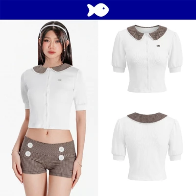 Áo tay phồng kiểu nữ form lửng DKMV cổ peter pan phối caro viền ren điệu đà cài nút dọc thân Caprice Set | K-SET34-T
