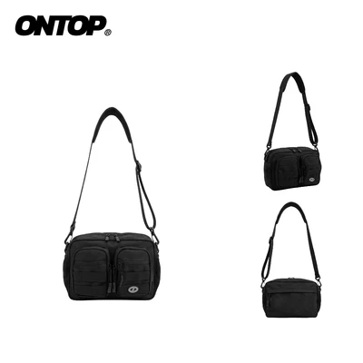 Túi canvas đeo chéo dã ngoại ONTOP nhiều ngăn đa năng có đệm vai thoải mái màu đen Dual Front Pocket | O-B81