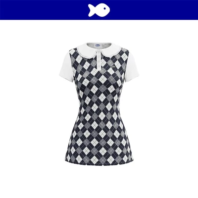 Đầm chữ A kiểu nữ sinh cổ sen phối ren DKMV tay ngắn thun caro điệu đà phối logo cá inox Nadezhda Dress | K-D86