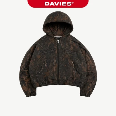 Áo khoác nỉ bông hoodie zip DAVIES hoạ tiết lá rừng đen nâu thêu chữ nổi đính nút Commando Hoodie Zip | D-HD5-DN