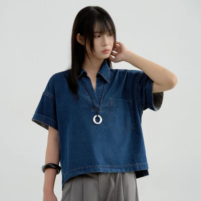 Áo Sơ Mi Ngắn Tay Cổ V Đứng Form, Áo Kiểu Unisex Jeans Denim - Raw Denim Top - The J Studio