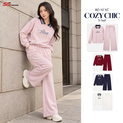 Bộ Nỉ Nữ Dài Tay 5S FASHION COZY CHIC S-SOFT Mềm Ấm, Cổ Polo Phối Thời Trang WBNI26017
