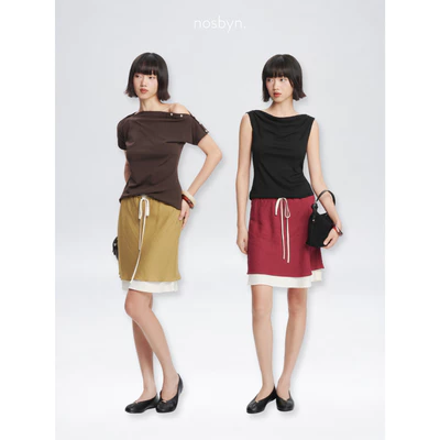 Nosbyn - Chân Váy Linen Layer Phối 2 Màu Trendy - Layered-Hem Skirt
