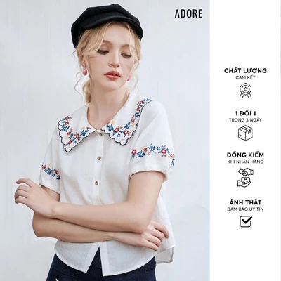 Áo navi/trắng kem thêu dải hoa tay - 611SH1007 ADORE
