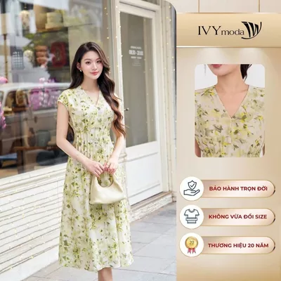 Đầm nữ dáng xòe hoạ tiết hoa cổ chữ V thanh lịch, đầm nữ công sở dạo phố IVY moda MS 48B0653