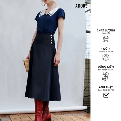 Chân váy Midi phối khuy sườn màu Navi/Kaki sáng - 613SK4006 ADORE