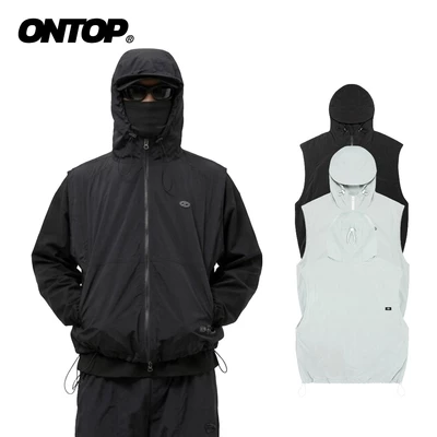 Áo gile nam vải dù hai lớp ONTOP màu đen và xám có mũ Nylon Hooded Vest | O-AK1