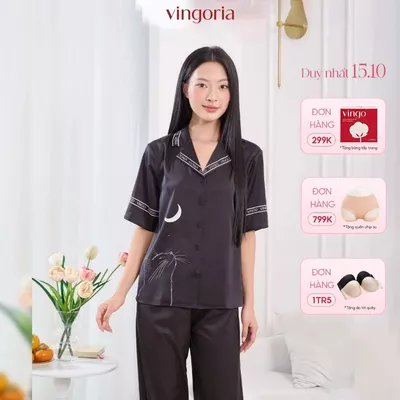 Đồ bộ mặc nhà Pijama lụa Pháp VINGO/VINGORIA tay ngắn thu đông H1271