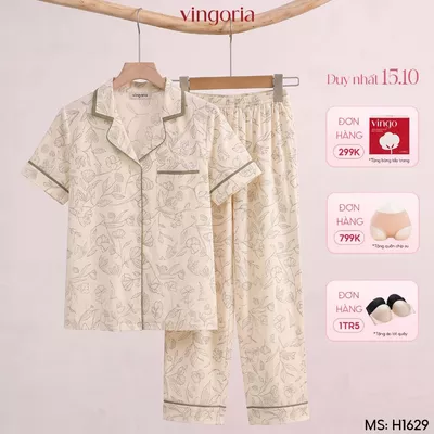Pijama bộ đồ ngủ nữ lụa VINGO/VINGORIA tay cộc thu đông H1629