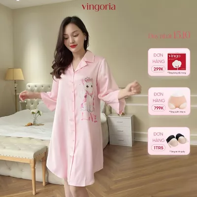 Váy sơ mi dáng dài lụa Pháp màu hồng VINGO/VINGORIA love cat thu đông thanh lịch N484