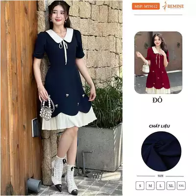 Đầm thiết kế BEMINE cổ sen đính nơ tùng xếp ly phù hợp đi chơi, đi dạo phố-MT9512