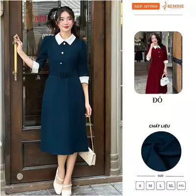 Đầm thiết kế BEMINE cổ đức dáng A xòe tay lửng đính cúc phù hợp đi làm, đi chơi-MT9804