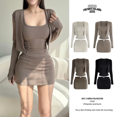 SET TANKTOP 2 DÂY CỔ VUÔNG THUN POLY KAITY PHỐI GÂN KÈM VÁY FFCLUB