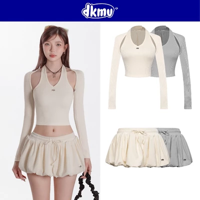 Set đồ nữ áo cổ yếm và chân váy bí DKMV kèm áo ngoài dài tay thắt dây nơ logo inox màu kem, xám Gwyneth Set | K-SET7