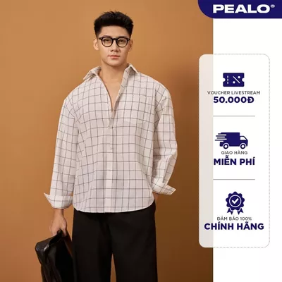 Áo sơ mi dài tay PEALO kẻ caro chất liệu thoáng mát form rộng thoải mái