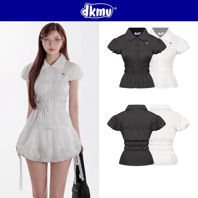 Áo sơ mi nữ cổ bèo tay bồng tiểu thư DKMV thiết kế bo chun thân áo cài nút màu đen, trắng đáng yêu Maddy Top | K-T31