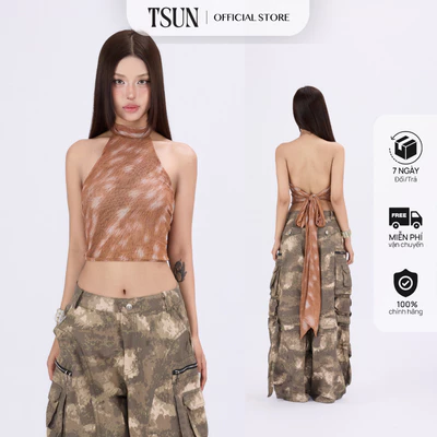 TSUN - Bambi Halter Áo Yếm Croptop Nữ Hở Lưng Họa Tiết Hươu Sao Gợi Cảm Cá Tính