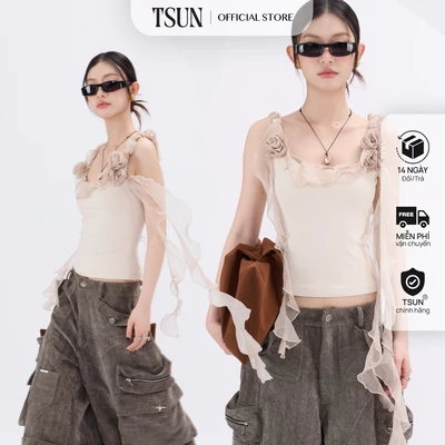 TSUN - Rosie Top Áo Hai Dây Nữ Body Phối Bèo Hoa Hồng Màu Be Ôm Dáng Cá Tính Quyến Rũ