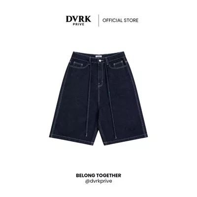 Quần Shorts Jeans Ống Rộng Màu Xanh Navy Thêu Logo Privé-DVRK-25R
