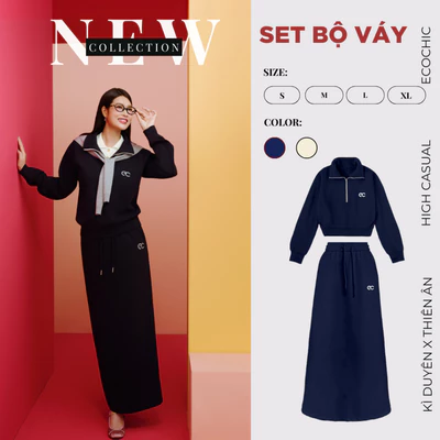 Set Bộ Váy Dài ECOCHIC Áo Crop Cổ Cao Halfzip Logo Phối Chân Váy Dài Dây Rút Chất Liệu Cao Cấp Chính Hãng B194
