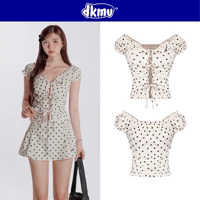 Áo kiểu nữ dáng trễ vai tay bồng DKMV hoạ tiết chấm bi phối dây thắt nơ nhún bèo màu kem đáng yêu Jiyoung Set | K-SET9-T